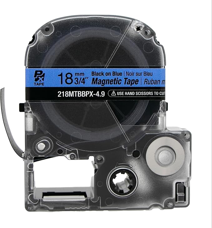 Epson LABELWORKS 218MTBBPX-4.9 Genuine Magnetic Tape Cartridge - Black on Blue Magnet Label Maker Tape - 3/4" (18MM) Wide, 4.9 ft, Blue