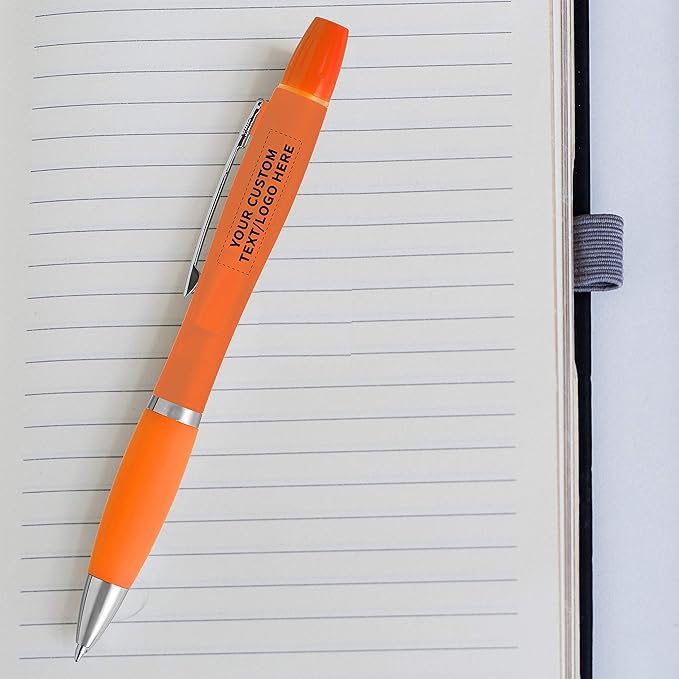 DISCOUNT PROMOS Personalized Two in one Highlighter Pens - 100 pack - Plastic Pens - Customizable Text, Logo - Orange