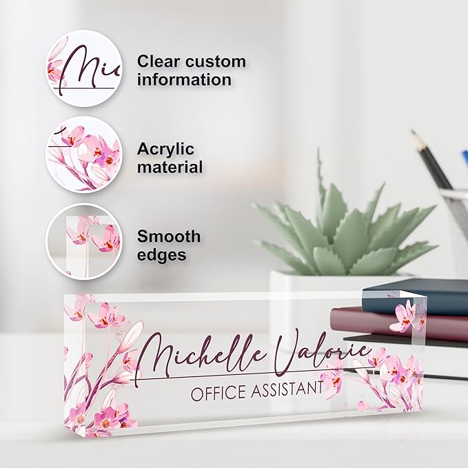 Personalized Name Plate for Desk, Custom Desk Name Plate, Acrylic Name Plate Office Desk Accessories, Personalized Office Gifts for Coworkers Teachers, Employee Appreciation Gifts (A-Pink Flower)