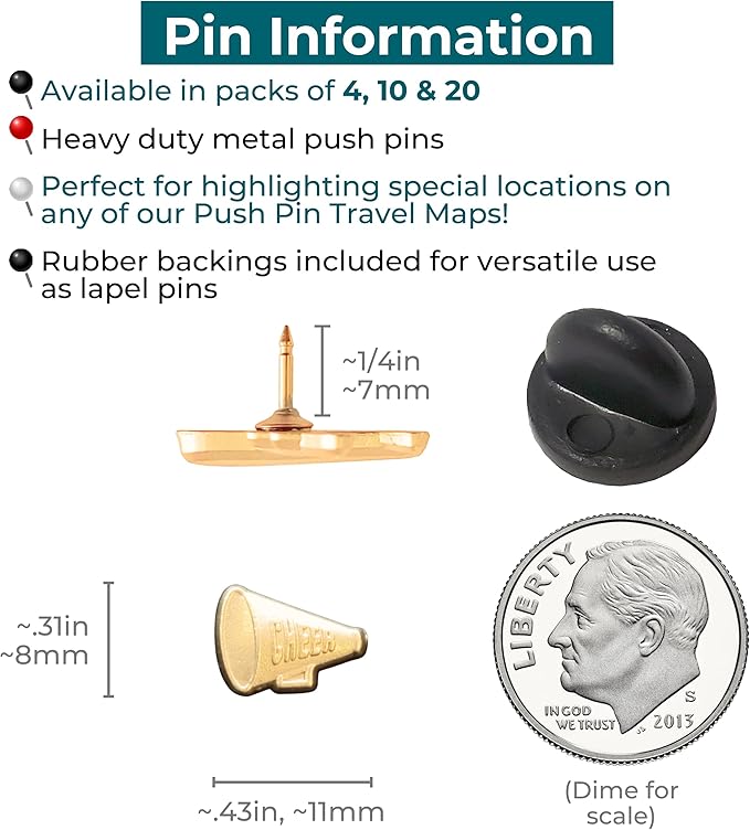 Cheer Megaphone Push Pins - Gold Cheerleading Megaphone Pins for Cork Boards, Maps, or Lapel Use - Designed in USA - Set of 10