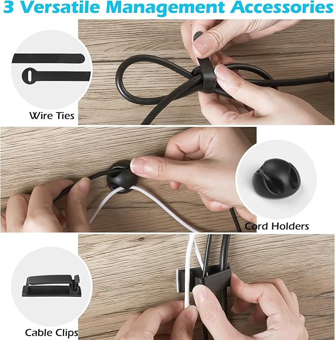 KHAMAL Cable Management Under Desk 26PCS - Cable Management Tray Kit Ventilated Hexagonal Design with Cable Clips, Wire Ties, Cord Holder & Screws for Office, Home (Black)