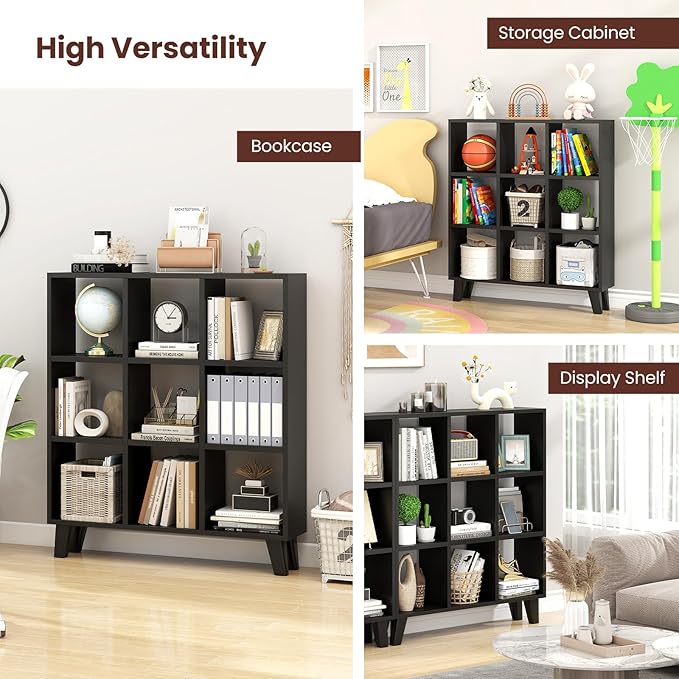 Giantex 9-Cube Open Bookcase, 3-Tier Freestanding Bookshelf with 4 Slanted Legs & 6 Removable Shelves, Modern Cubby Storage Organizer, Wood Display Book Shelf for Living Room Bedroom Study (1, Black)