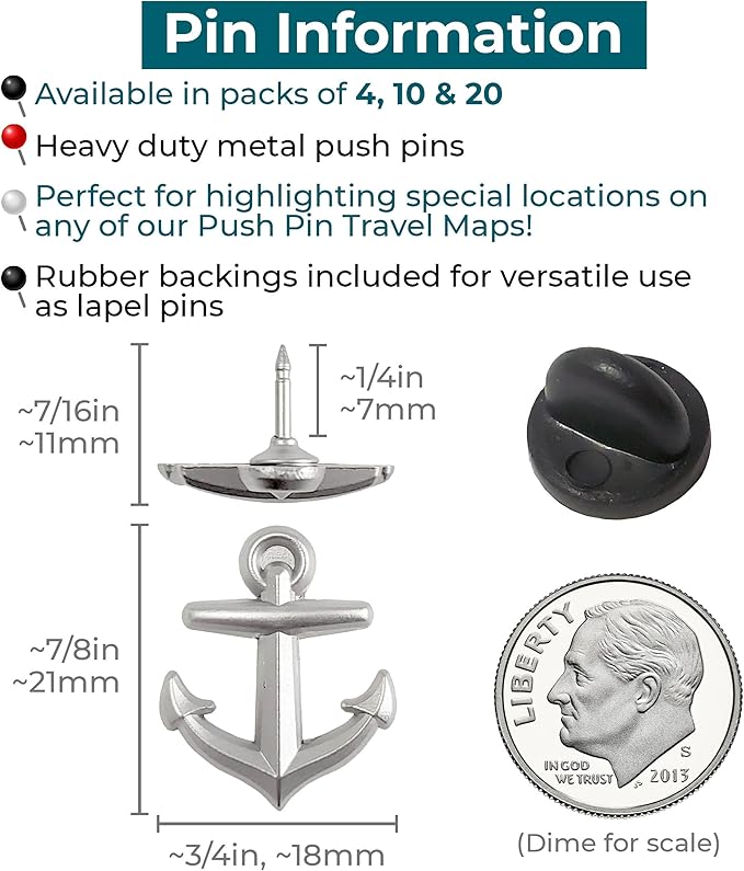 Anchor Push Pins - Silver Metal Anchor Pins - for Cork Board, Maps, or Lapel Pin Use - Designed in USA - Set of 20