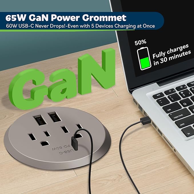 TOPGREENER Desktop Power Grommet with 65W PD for MacBook, GaN Desk Grommet with 1 Fast Charging USB-C Port, 2 USB-A Ports and Duplex Receptacles, TTRP48APD60-NK, Nickel