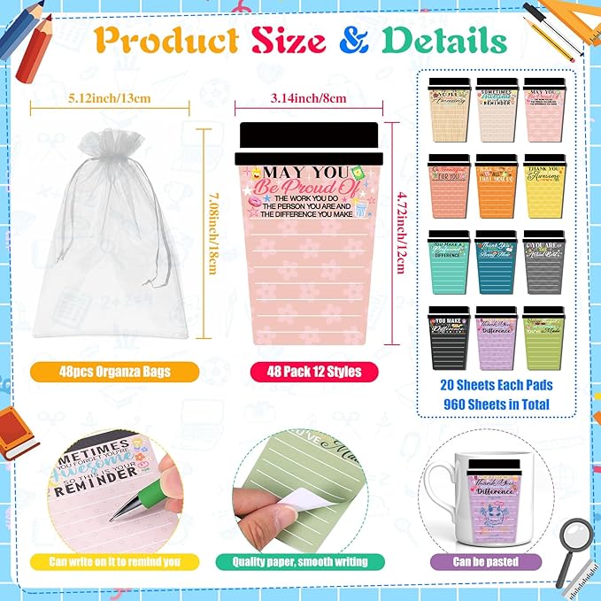48 Sets Employee Appreciation Gifts Bulk Coffee Cup Sticky Notes with Inspirational Pens, Funny Notepads Motivational Ballpoint Pen Thank You Gifts for Coworker Teacher Nurse Office Supplies
