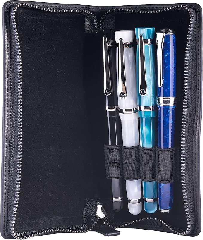 DiLoro Leather Zippered Triple or Quad Pen Case Pencil Pouch Holder for Three or Four Fountain Ballpoint Rollerball Pens or Glasses (Nappa Black)
