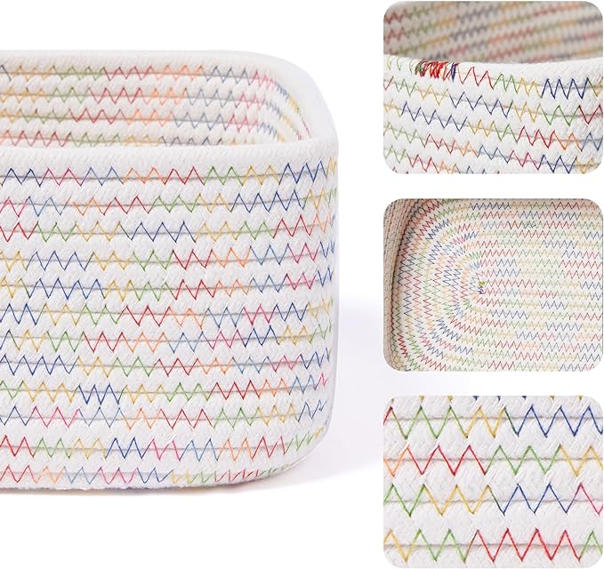 Small Storage Baskets for Organizing | Closet Organizer Bins | Shelf Toy Basket | Woven Rope Baskets | Cube Decorative Box | Shallow Basket | 11.5x7.5x4.7” | 3 Packs Rainbow