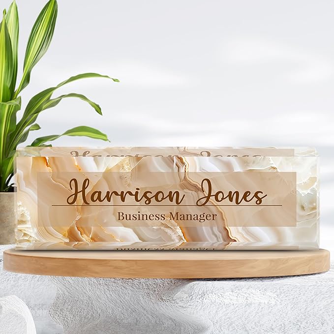 Personalized Name Plate for Desks, Custom Desk Name Plates, Acrylic Name Plate Office Desk Accessories, Personalized Office Gifts for Coworkers Teachers, Employee Appreciation Gifts (B-Gold Flowing)
