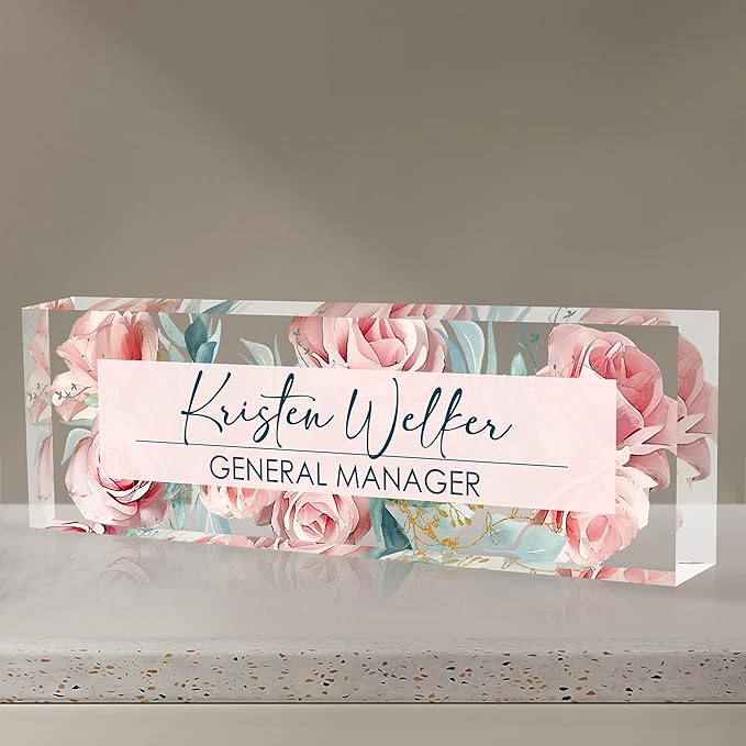 Custom Name Plate for Desk | Personalized Desk Name Plate | Personalized Boss Employee Appreciation Gifts | Acrylic Name Plate Office Desk Accessories (C-Pink Rose)