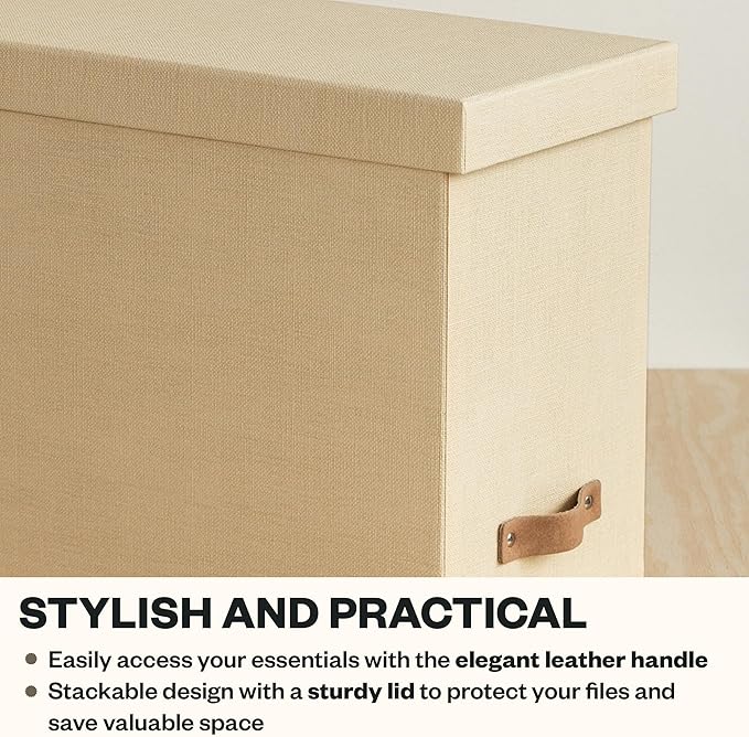 Bigso John File Box - File Storage Box and File Organizer for Important Paperwork - Durable Hanging File Box with Lid and Leather Handle - 7.36 in x 13.26 in x 10.51 in - Cream