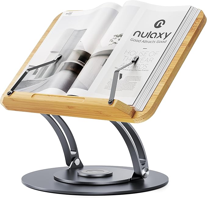 Nulaxy Bamboo 360 Rotating Book Stand for Reading, Adjustable Textbook Holder for Reading Hands-Free, Foldable Desktop Cookbook Stand with Protective Page Clips, Fits All Books - Gray