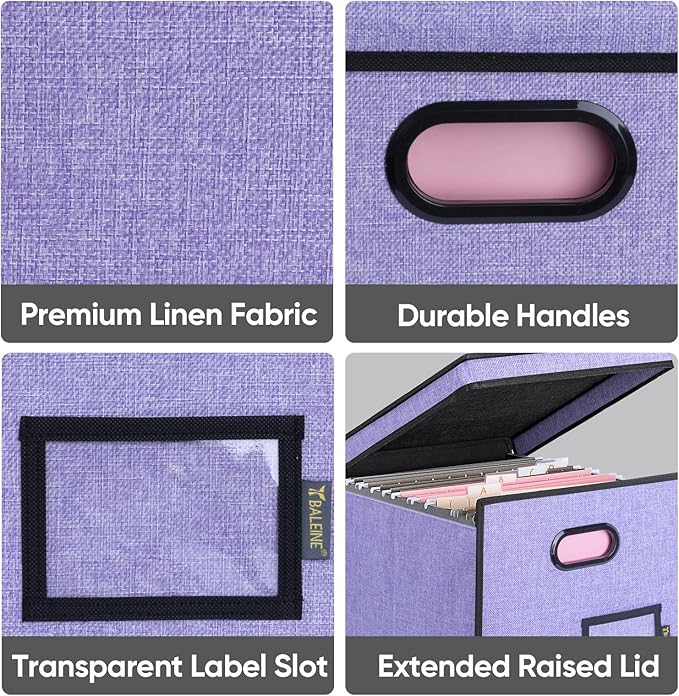 BALEINE File Organizer Box with Lid, Collapsible File Folder Organizer with Plastic Slide, Hanging File Folder Box for Office Document Storage (Tab Friendly, 1 Pack, Purple)