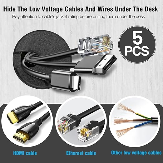 1-3/8" Black Desk Grommet, JTemgle Plastic Cable Hole Cover Computer Table Cord Wire Organizer Caps Desktop Cord Management for Home Office TV Stands Tabletops, 5 Pieces