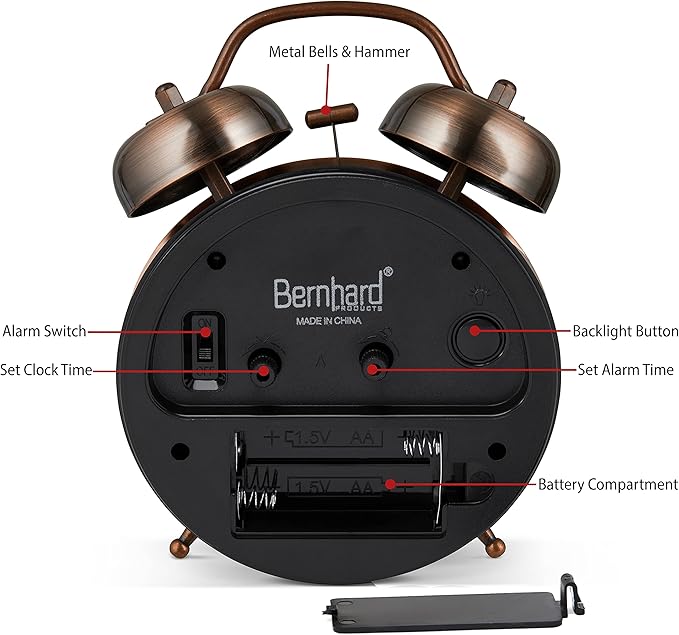 Bernhard Products Analog Alarm Clock Twin Bell Retro Vintage Copper Metal 4" Extra Loud Quartz Battery Operated with Backlight for Bedside Table Silent Non-Ticking Old fashioned Decorative Desk Clocks