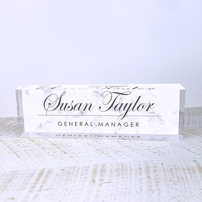 Artblox Personalized Name Plate for Desk | White Marble Design On Clear Acrylic Glass | Custom Plaque Desk Name Plate Personalized Your Name and Credentials Office Office Sign Engraved Plaque