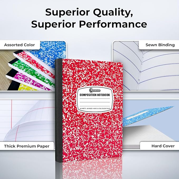 Rosmonde 50 Pack, Bulk Composition Notebooks, College Ruled Notebook, 200 Pages (100 Sheets), 9-3/4 x 7-1/2, Hard Cover Binding, Back to School Supplies, Bulk Notebooks for School, Office Notebooks