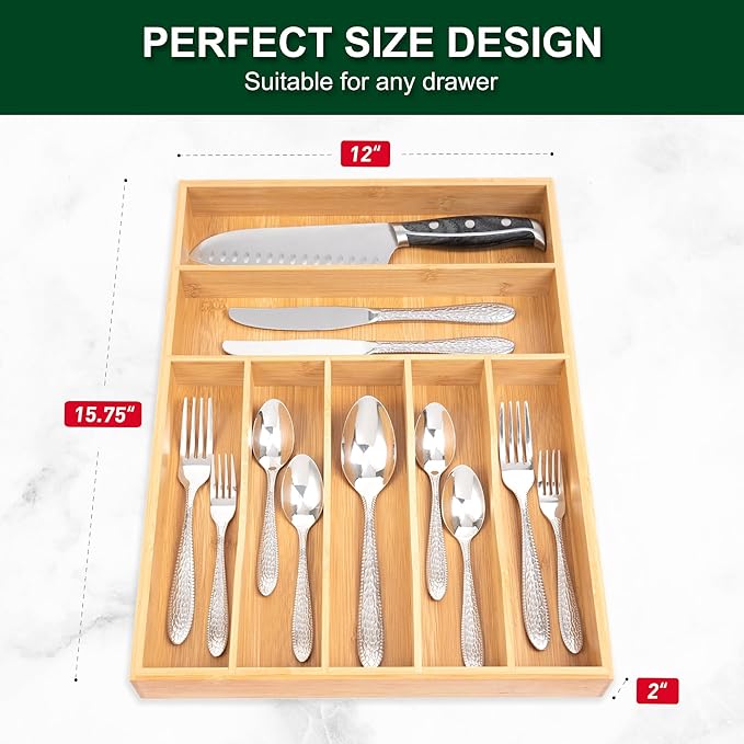 Bellsal Natural Utensil Organizer 12.5 Inch Silverware Organizer for Drawer Utensil Holder Cutlery Organizer Kitchen Drawer Organizer 7 Compartment Small Narrow Bamboo