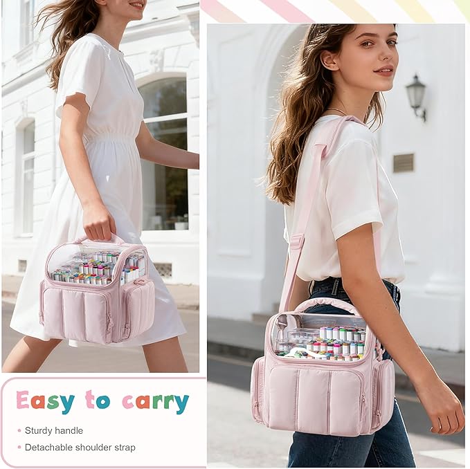 Puffy Marker Organizer Case for 210 Markers, Large Marker Storage Bag with Shoulder Strap for Adults, Artists, Teachers, Coloring Enthusiasts, Marker Holder Organizer, Pink (Patented Design)