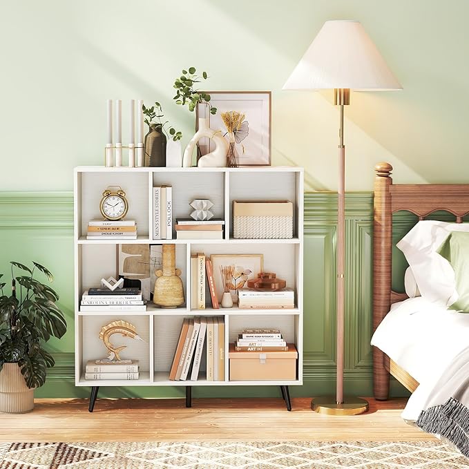 Tangkula 8-Cube Bookcase, Modern Storage Bookshelf with 5 Tapered Metal Legs & 2 Anti-Tip Kit, Freestanding Display Rack for Living Room, Study Room (8-Cube,White)