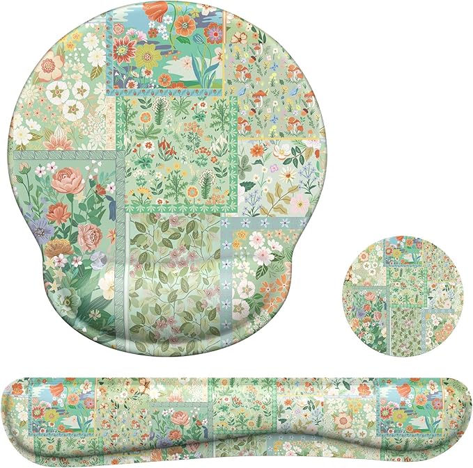 iLeadon Mouse Pad with Wrist Support, Wrist Pad for Keyboard, Ergonomic Mouse Pad Set for Office Home(Green Floral)