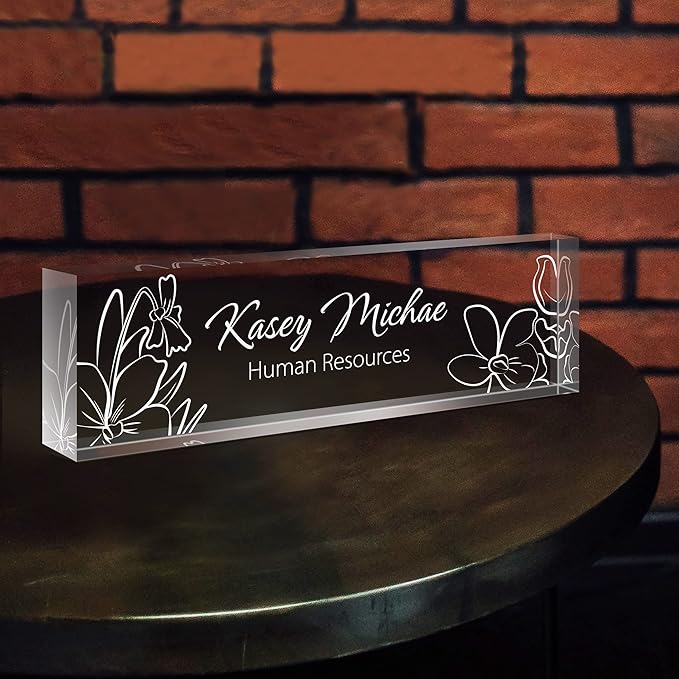 SalaGraphics Custom Engraved Acrylic Name Plates for Desks, Office Desk Plate Personalized, Decor Nameplate, Nurse Manager Employee Teacher Appreciation Gifts, Accessories (Flowers F)