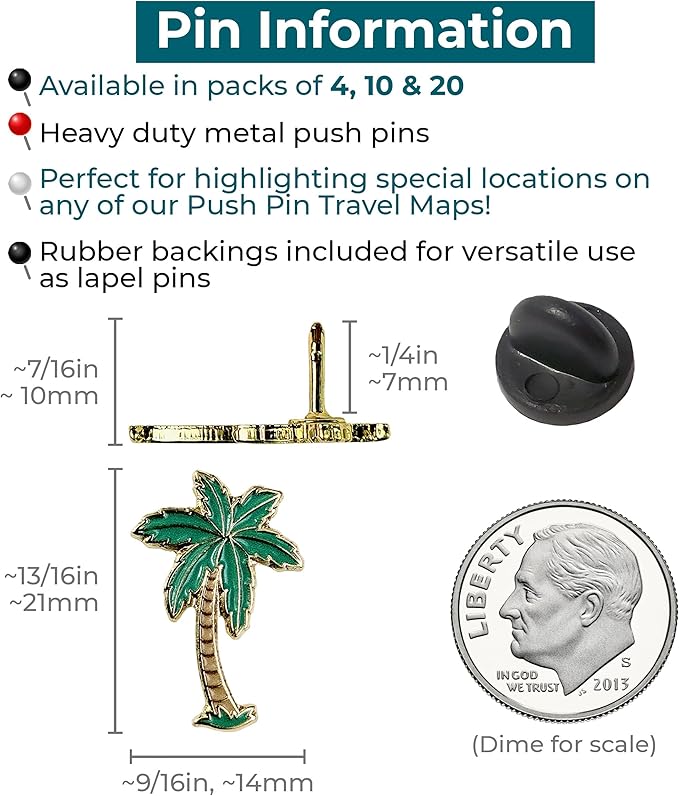 Palm Tree Push Pins - Custom Palm Tree Pins - for Cork Board, Maps, or Lapel Pin Use - Designed in USA - Set of 4