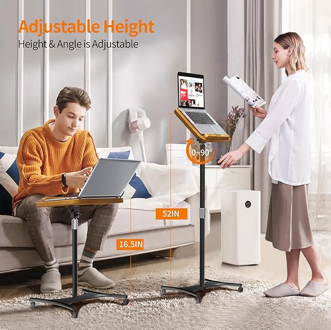 NAMON Rolling Floor Book Stand for Reading, 100% Solid Wood, Height Adjustable from 16.5" to 51", Floor Reading Stand with 4 Lockable Casters & Page Clip for Cookbooks, Textbooks (Without T-Shaped)