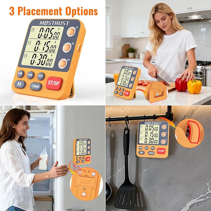 Digital Dual Kitchen Timer, 3 Channels Countdown Triple Timer for Cooking, Magnetic Memory-Preset Large Display Adjustable Alarm Volume, Multi Times Management, 3A Battery Included, Orange
