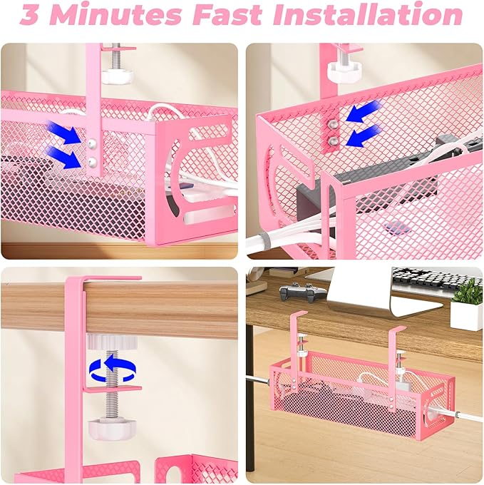 Under Desk Cable Management Tray, 15.7'' No Drill Steel Desk Cable Organizers, Wire Management Tray Cable Management Rack (1 Pack-Pink)