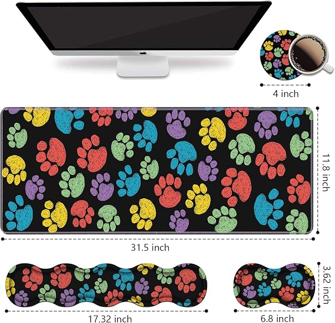 Ergonomic Keyboard Wrist Rest & Mouse Pad Wrist Rest Set,Large XXL Gaming Mousepad 31.5"x 11.8",Memory Foam,Easy Typing Pain Relief,Multifunctional Desk Mat for Office & Home,Colorful Dog Paw Print