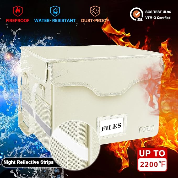 DocSafe Fireproof Document Box with Lock,File Storage Organizer with Zipper Pockets,Collapsible Portable File Box Home Office Safe Filing Cabinet with Handle for Hanging Letter/Legal Folders,Beige