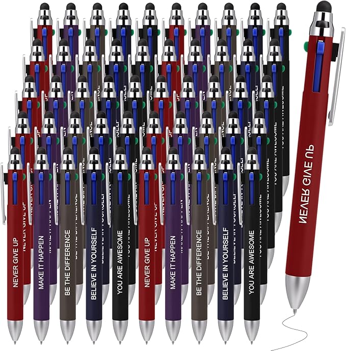 Yexiya 50 Pack 4 Color Retractable Pens Multicolor Ballpoint Pens Bulk 2 in 1 Stylus for Touch Screens Office Nurses Teachers Work Party Favors Gift (Inspirational Quotes)