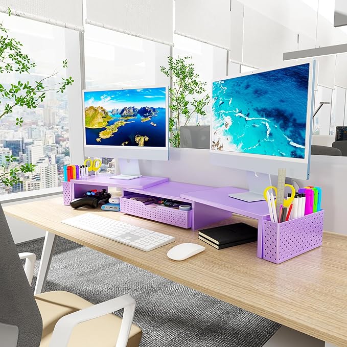 Spacrea Metal Desk Organizers and Accessories, Dual Monitor Stand Riser with Drawer and 2 Pen Holders, Desk Accessories & Workspace Desktop Organizers for Office Supplies (Purple)