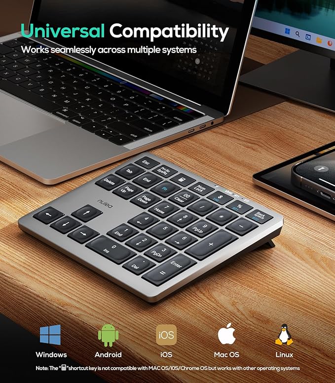 Nulea Wireless Number Pad Bluetooth 5.0 & 2.4G Portable Numeric Keyboard, USB-C Rechargeable, 34-Keys Bluetooth Keyboard for Data Entry, Compatible for Laptop, Mac, iMac, Tablet, PC Desktop