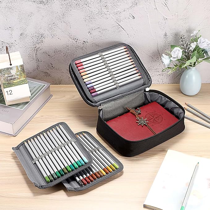 BTSKY® High Capacity Zipper Case- Multi-Functional for Stationery and Pencil, 72 Slots Colored Portable Bags With 2 Removable Sleeves(Black)