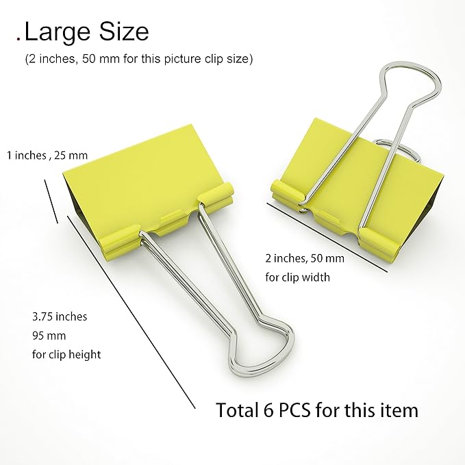 Nctinystore Yellow Binder Clips Large (Jumbo) Metal Clamp 2 inch / 50 mm (Yellow, 6-PCS)