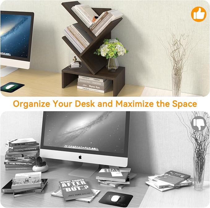 Godferyxin Tree Bookshelf with Drawer,Wood Small Bookshelf for School,Office,Desk Book Shelf Storage Rack for Decor,Bedrooms,Living Rooms Mini Shelf