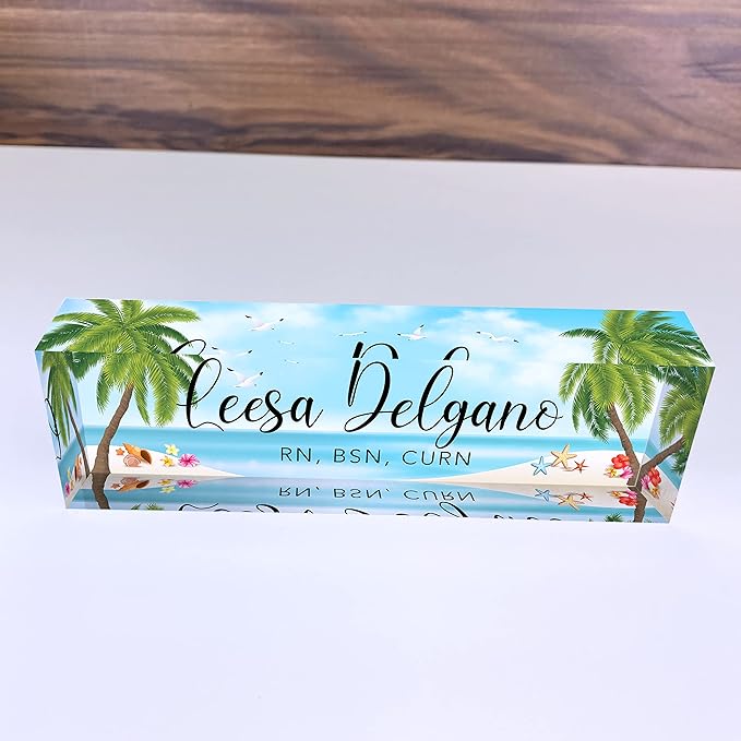 Artblox Office Desk Name Plate Personalized | Custom Name Plates for Desks | Sea Beach Design On Clear Acrylic Glass | Office Desk Decor - (8" x 2.5")