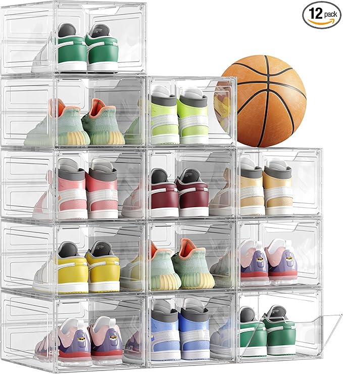 SONGMICS Shoe Boxes, Clear Shoe Organizers, Set of 12, Plastic Shoe Storage with Clear Door, Easy Assembly, up to US Size 13, Transparent White ULSP032W12