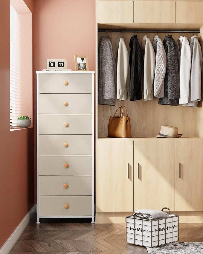 Crestlive Products Tall Dresser, 7-Drawer Fabric Storage Tower, Chests of Drawers - Vertical Organizer Unit for Bedroom, Hallway, Entryway, Nursery, Closets - Steel Frame, Wood Top & Handles (Beige)