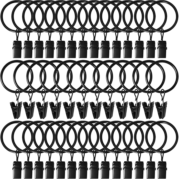 AMZSEVEN 40 Pack Curtain Rings with Clips, Drapery Clips with Rings, Drapes Rings 1.26 in Interior Diameter, Fits up to 1 in Curtain Rod, Black