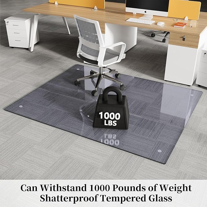 FlyEcho Glass Chair Mat 36" x 55" Heavy Duty Tempered Glass Office Chair Mat, Glass Floor Mat with Round Corner and Polished Edge for Smooth Glide, Carpet Hardwood Floor Protector,Grey