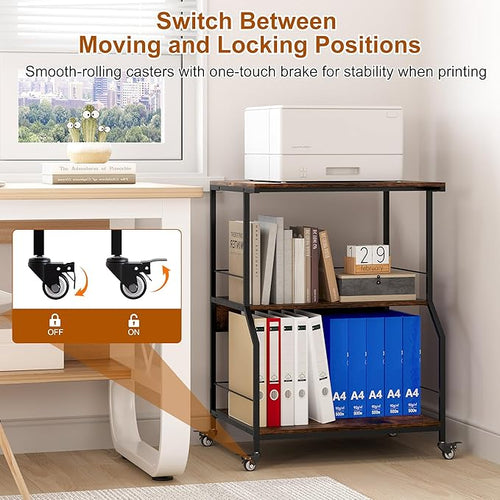 23.62 x 18.9” Large Printer Stand with Locking Wheels, 3 Tier Printer Table with Storage, Rolling Cart Station for Home Office Kitchen, Rustic Brown