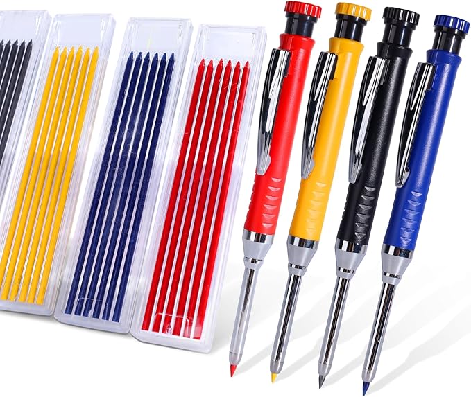 vofauiss 4 Pack Carpenter Pencil with Sharpener, Mechanical Pencils Set with 28 Refills, Construction Pencil Heavy Duty Woodworking Pencils (Red, Black, Yellow, Blue) Deep Hole Long Nib Marker Pens