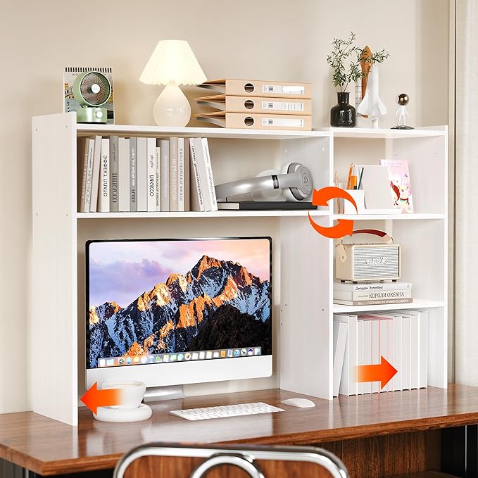 Aetheris Desktop Bookshelf, Office Desktop Organizer Shelf, Countertop Storage Hutch with 4 Shelves for Computer Desk, Adjustable Desk Hutch, Wooden Desktop Bookcase for Dorm Office Home, White