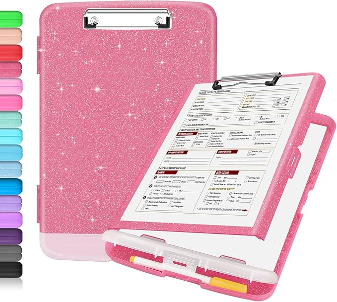 Sooez Glitter Clipboard with Storage, High Capacity Clip Boards 8.5x11 with Pen Holder, Cute Clipboards with Low Profile Clip, Sparkle Plastic Organizer Case Box for Women & Kids, Side Opening