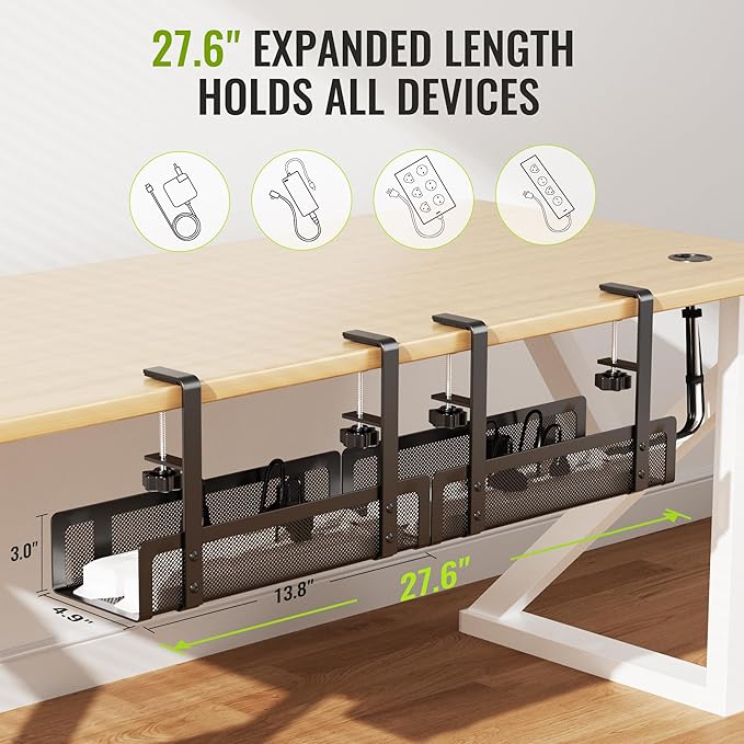 [Upgraded] 2 Pack Cable Management Under Desk Tray, Xpatee 27.6" No Drill Open Slots Cable Management Tray, Cord Wire Organizer Box with Clamp for Table Thickness up to 3" - No Desk Damage(Black)
