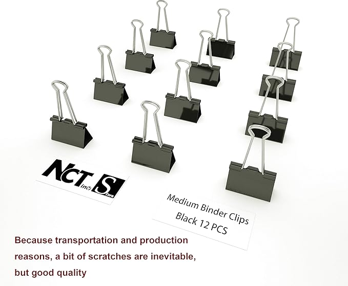 Nctinystore Binder Clips Medium Metal Clamp 1.25 inch / 32 mm (Black, 12-PCS)