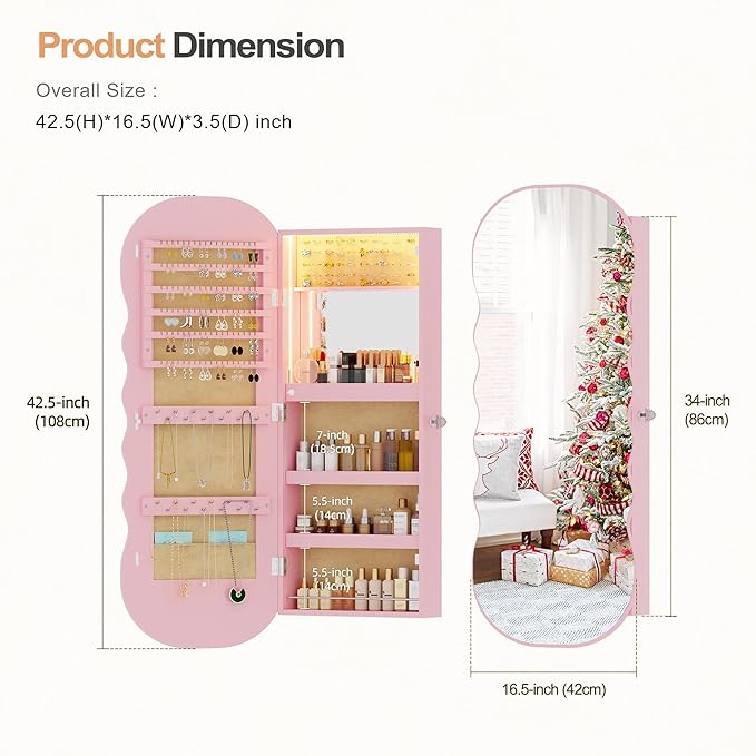 HNEBC LED Mirror Jewelry Cabinet,Wall or Door Mounted Jewelry Armoire Organizer with Lights,Lockable Wide Wavy Mirror with Storage,42.5" L Full Length Mirror with Jewelry Storage,Interior Mirror