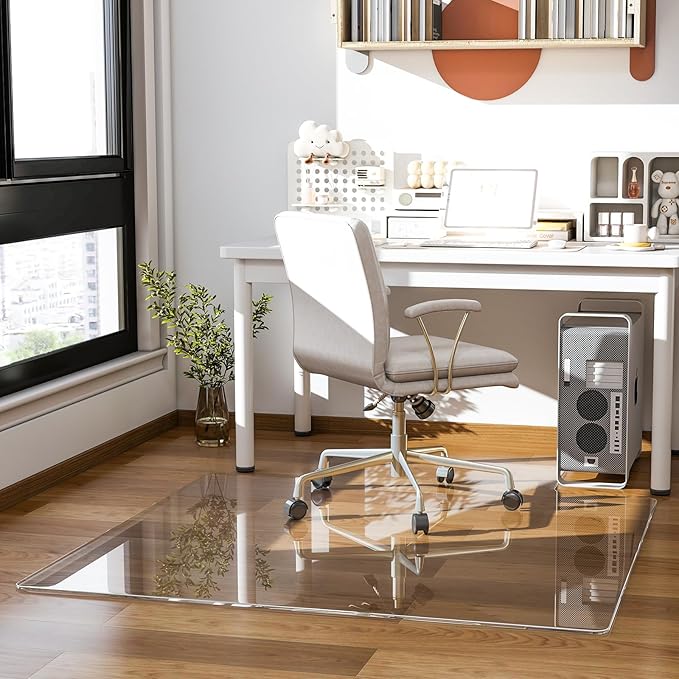 GLSLAND Irregular Tempered Glass Floor Mat - 36" x 48" Office Chair Mat for Carpet Clear Duty Hard Rolling Glass Mat 1/5" Thick for Hardwood Floor/Carpeted Floors, Clear